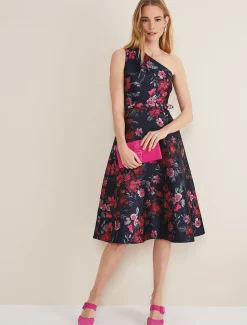 Dresses^Phase Eight Tasha One Shoulder Jacquard Dress Navy/Multi