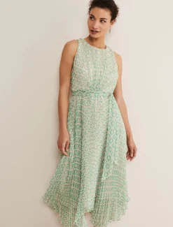 Dresses^Phase Eight Vanya Pleated Sunray Dress Powder Pink/Green