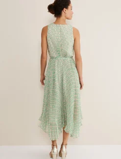 Dresses^Phase Eight Vanya Pleated Sunray Dress Powder Pink/Green