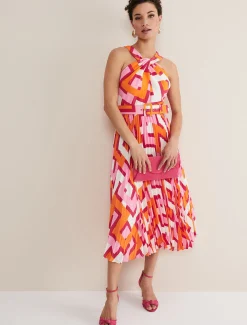 Dresses^Phase Eight Yas Pink Twisted Neck Midi Dress Pink/Orange