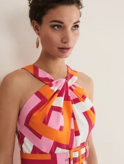 Dresses^Phase Eight Yas Pink Twisted Neck Midi Dress Pink/Orange