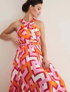 Dresses^Phase Eight Yas Pink Twisted Neck Midi Dress Pink/Orange