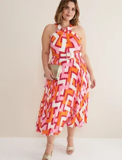Dresses^Phase Eight Yas Pink Twisted Neck Midi Dress Pink/Orange