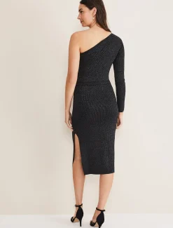 Dresses^Phase Eight Zemira One Shoulder Lurex Knitted Dress Black/Gunmetal