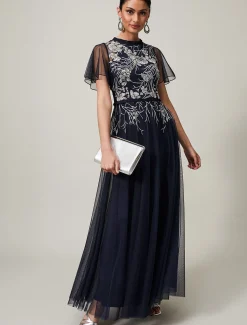 Dresses^Phase Eight Zena Beaded Tulle Maxi Dress Navy/Silver