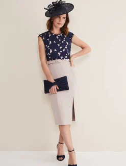 Dresses^Phase Eight Zita Lace Sleeveless Dress Latte/Navy