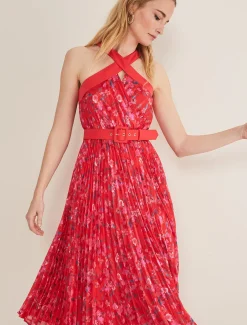 Dresses^Phase Eight Zoya Pleat Midi Floral Dress Red/Pink